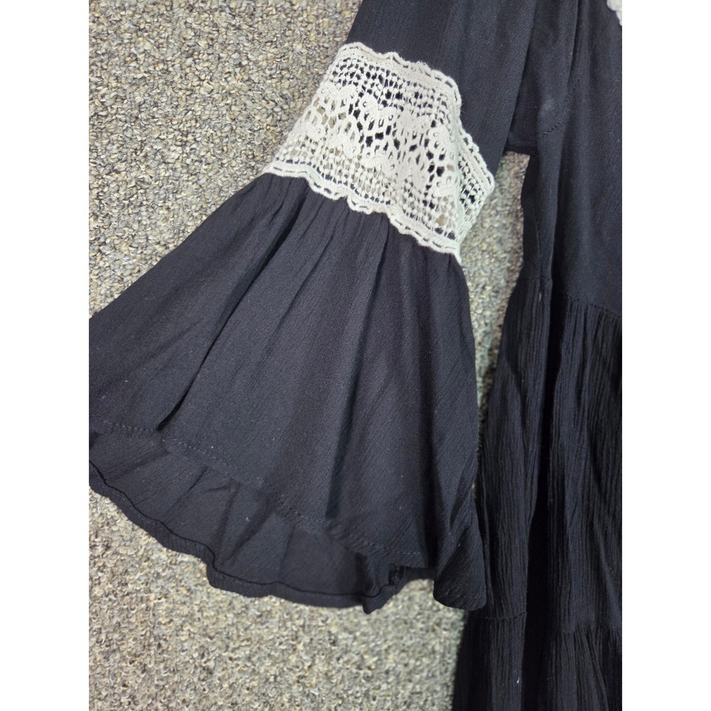 My Story Tiered Mini Dress Womens Small Black Crochet Lace Bell Sleeve Boho - Picture 4 of 16